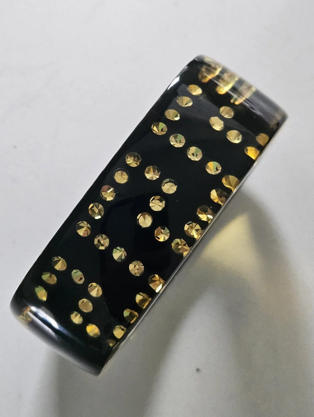 Rare Vintage Luxury Designer Black Yellow Greek Key Lucite Bangle Bracelet - Picture 13 of 14